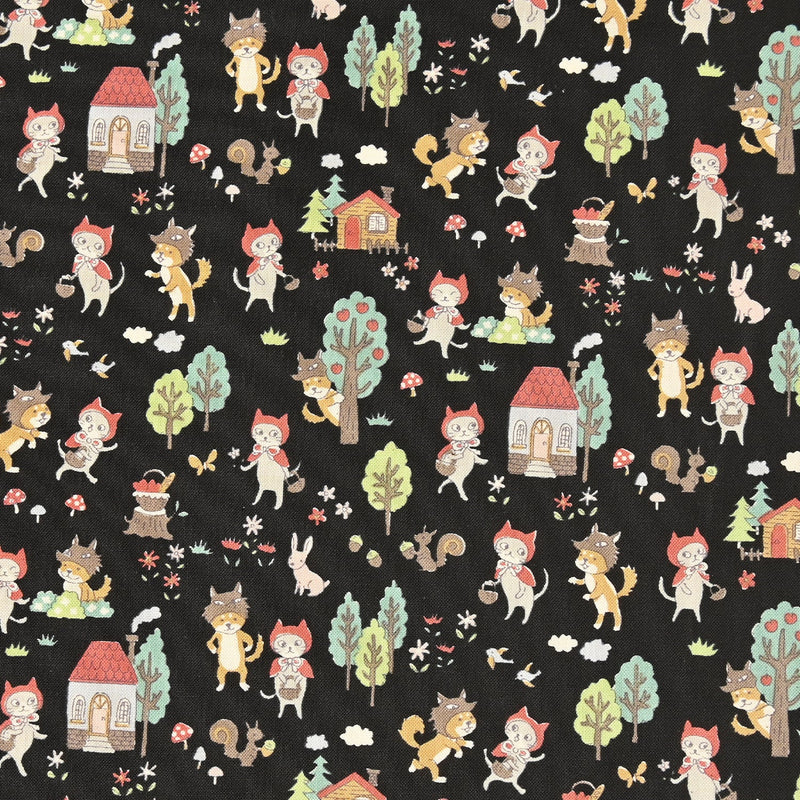 BLACK, Funny Cats, Little Red Riding Hood Sheeting from Kokka