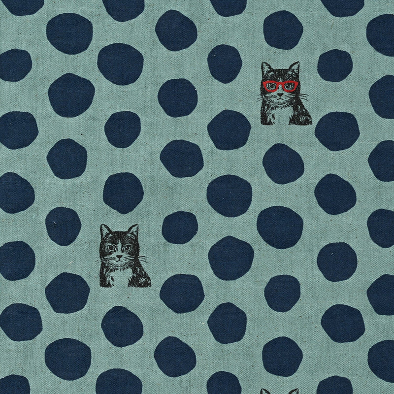 TEAL Cat Dots Cotton Linen Canvas, Echino from KOKKA
