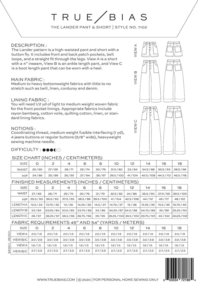 Lander Pants Pattern from True Bias