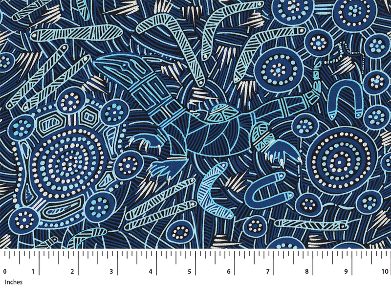 Man & Goanna 2 Blue Rayon by Gary Ried, M&S Textiles Australia