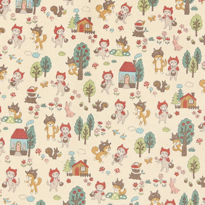NATURAL, Funny Cats, Little Red Riding Hood Sheeting from Kokka