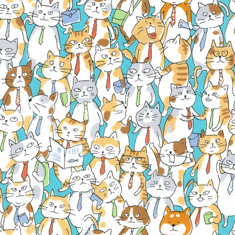 TURQUOISE Business Cats, Cats in Ties on Light Blue Background - Oxford Cotton from Kokka
