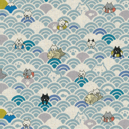 NATURAL Ocean Cats, Cotton/Linen Canvas from Cotton Kobayashi