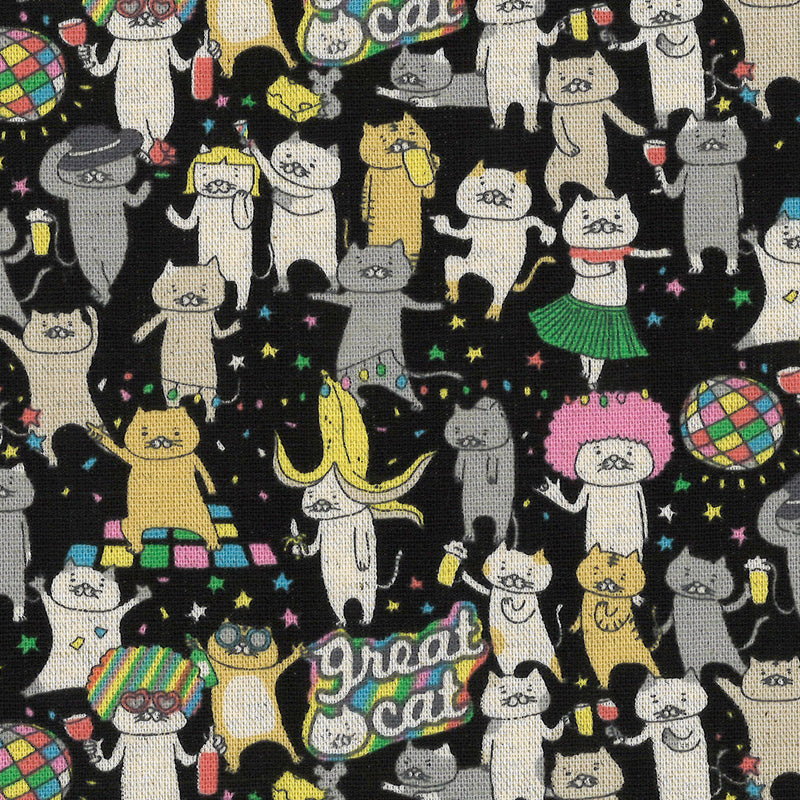 BLACK Party Cats, Cotton/Linen Canvas from Cotton Kobayashi